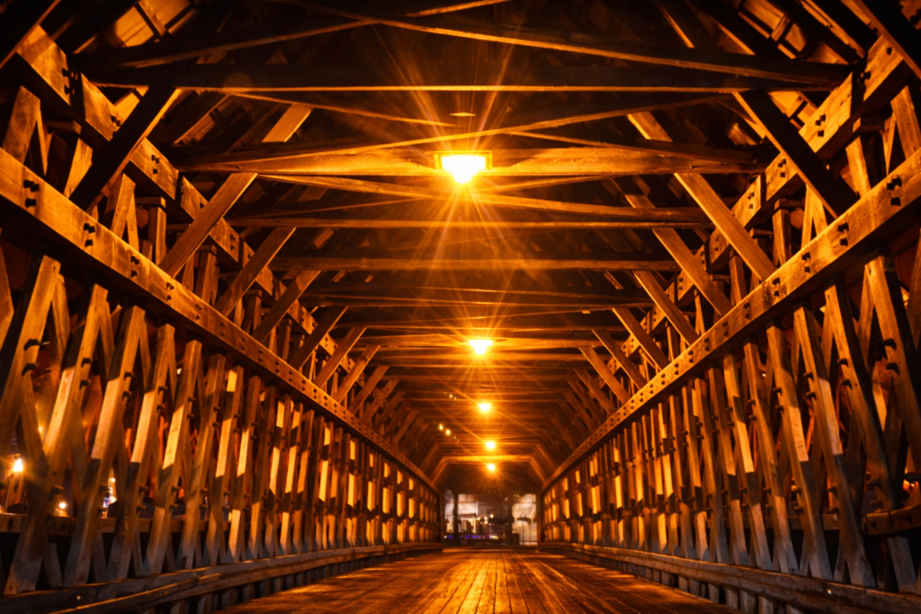 Historic wooden covered bridge illuminated at night with repeating beams and a symmetrical perspective