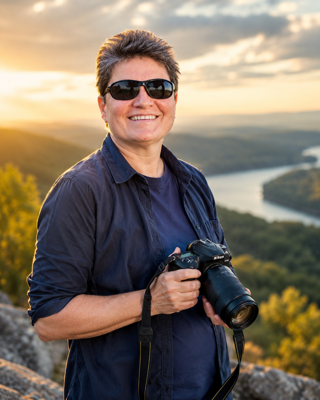 Photographer Angela Addington holding a camera with a landscape behind her